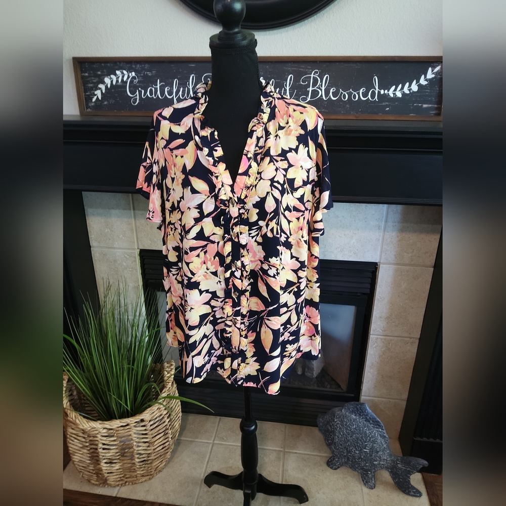 Anne Klein Floral Ruffle Short Sleeve Blouse - Navy, Peach, Cream